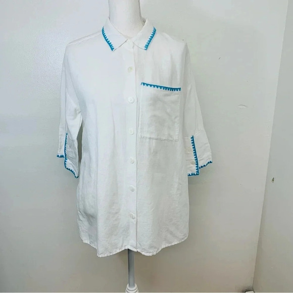 Soft Surroundings White Top Small  Linen Cotton Tunic Button Up Blue Trim Travel - Picture 1 of 11